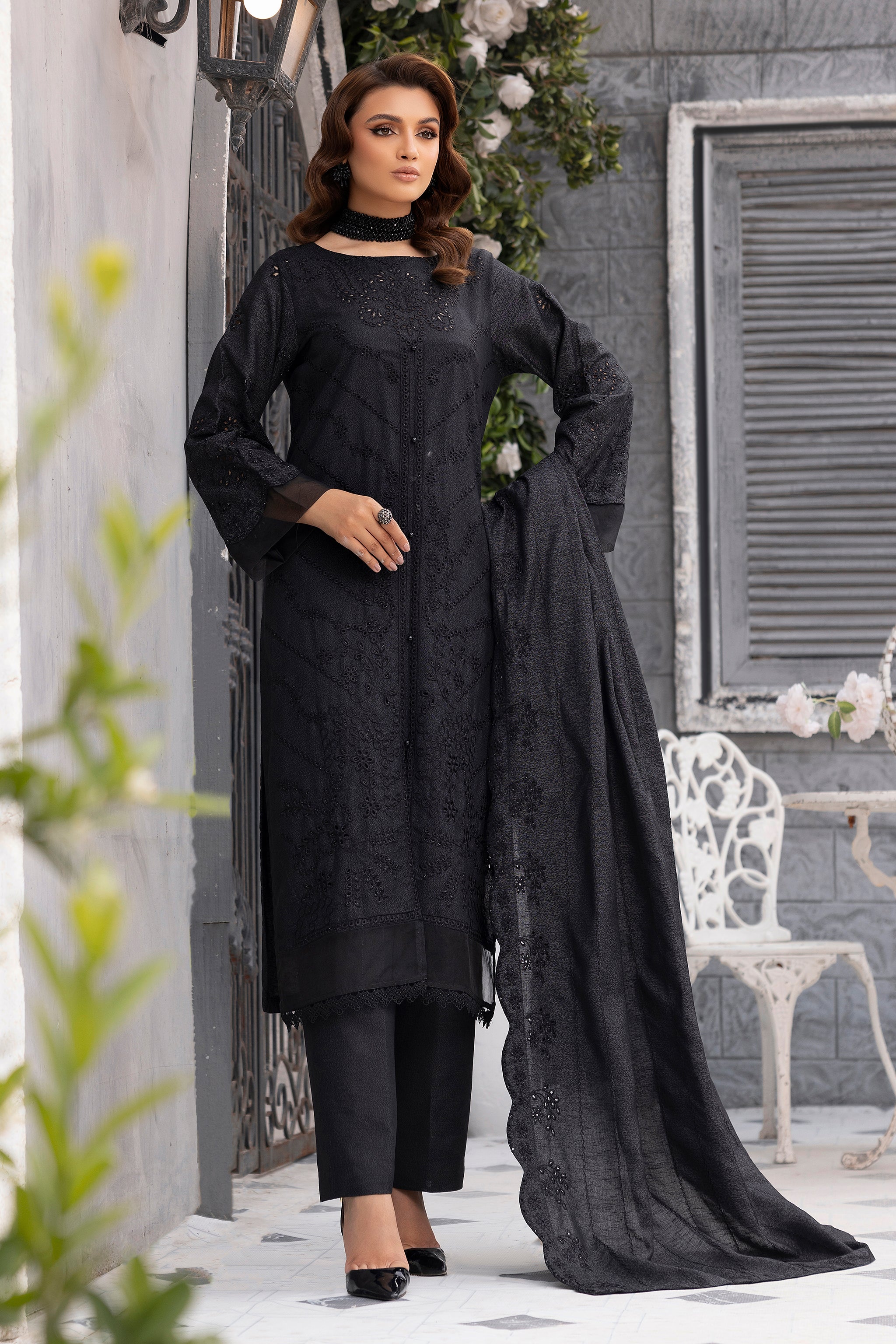 3 Piece Black Embroidered Karandi Unstitched