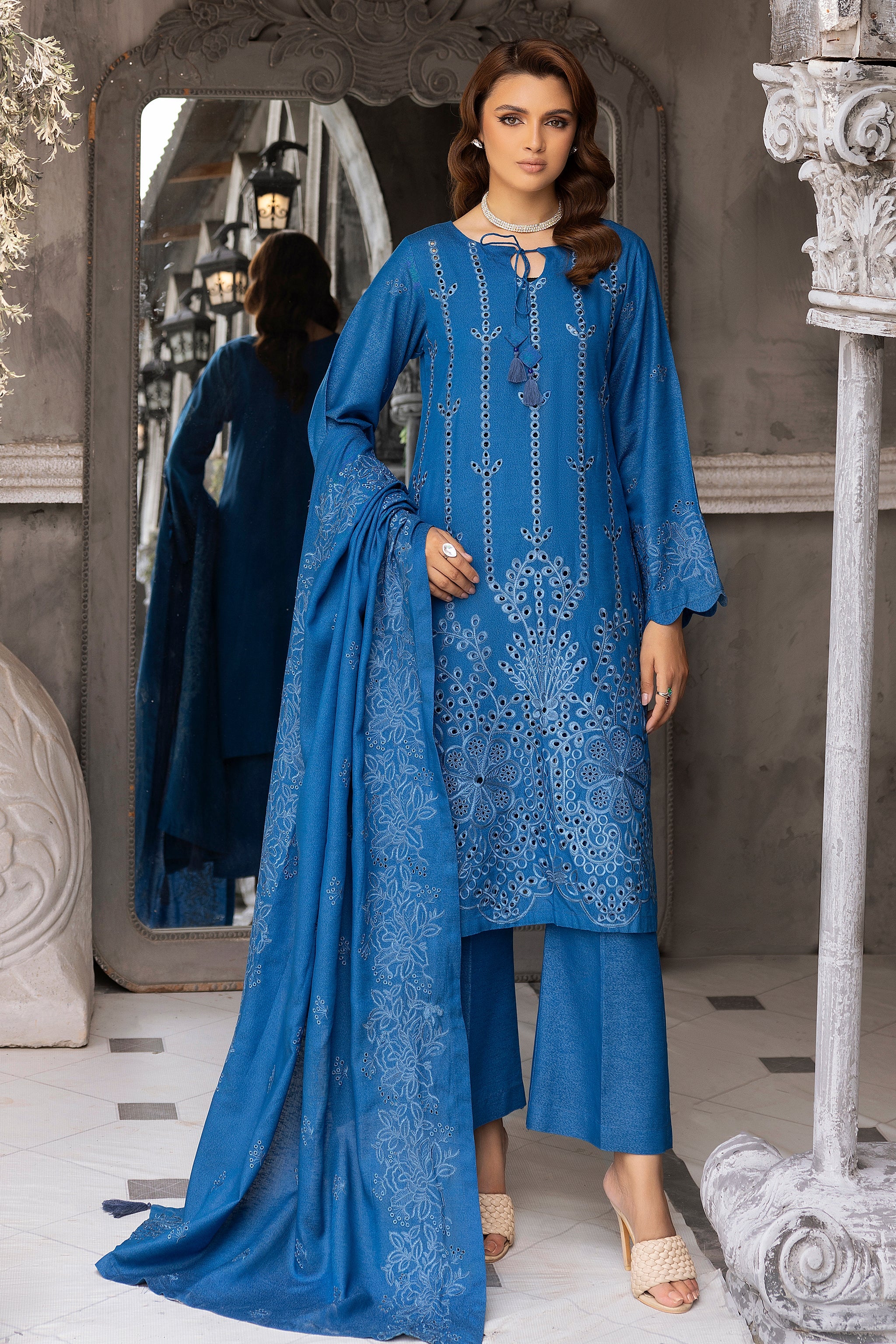 3 Piece Blue Embroidered Karandi Unstitched