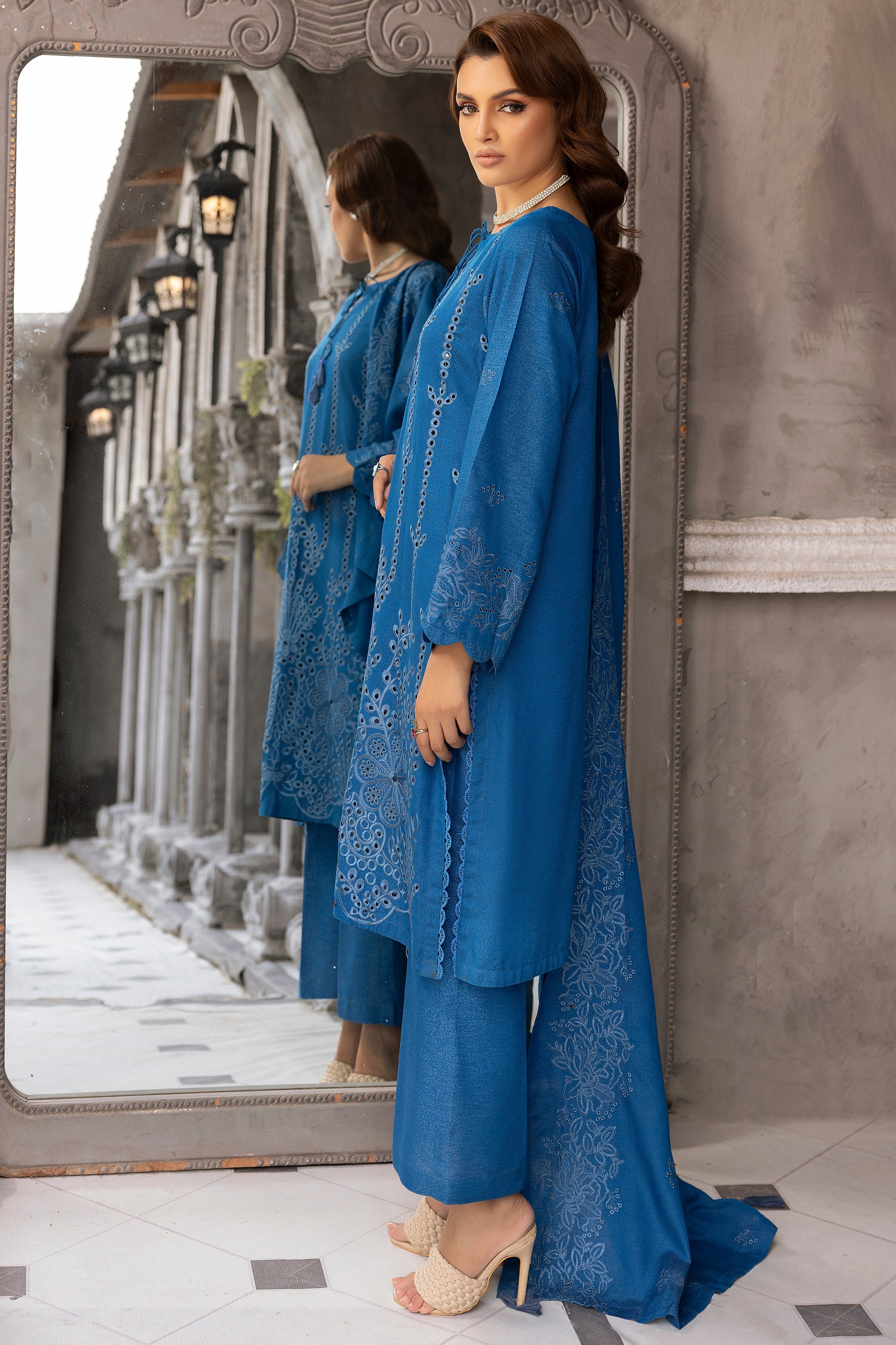 3 Piece Blue Embroidered Karandi Unstitched