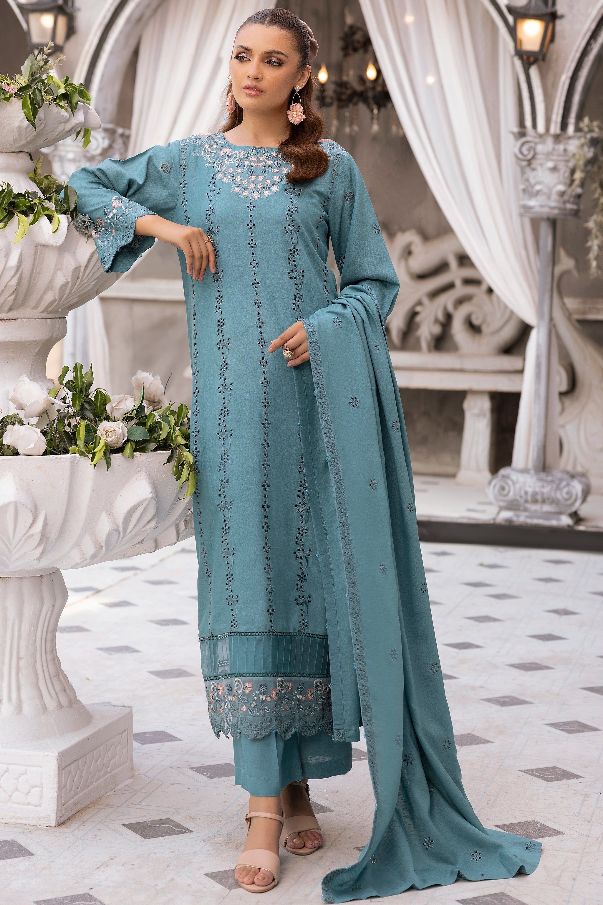 3 Piece Gray Embroidered Karandi Unstitched