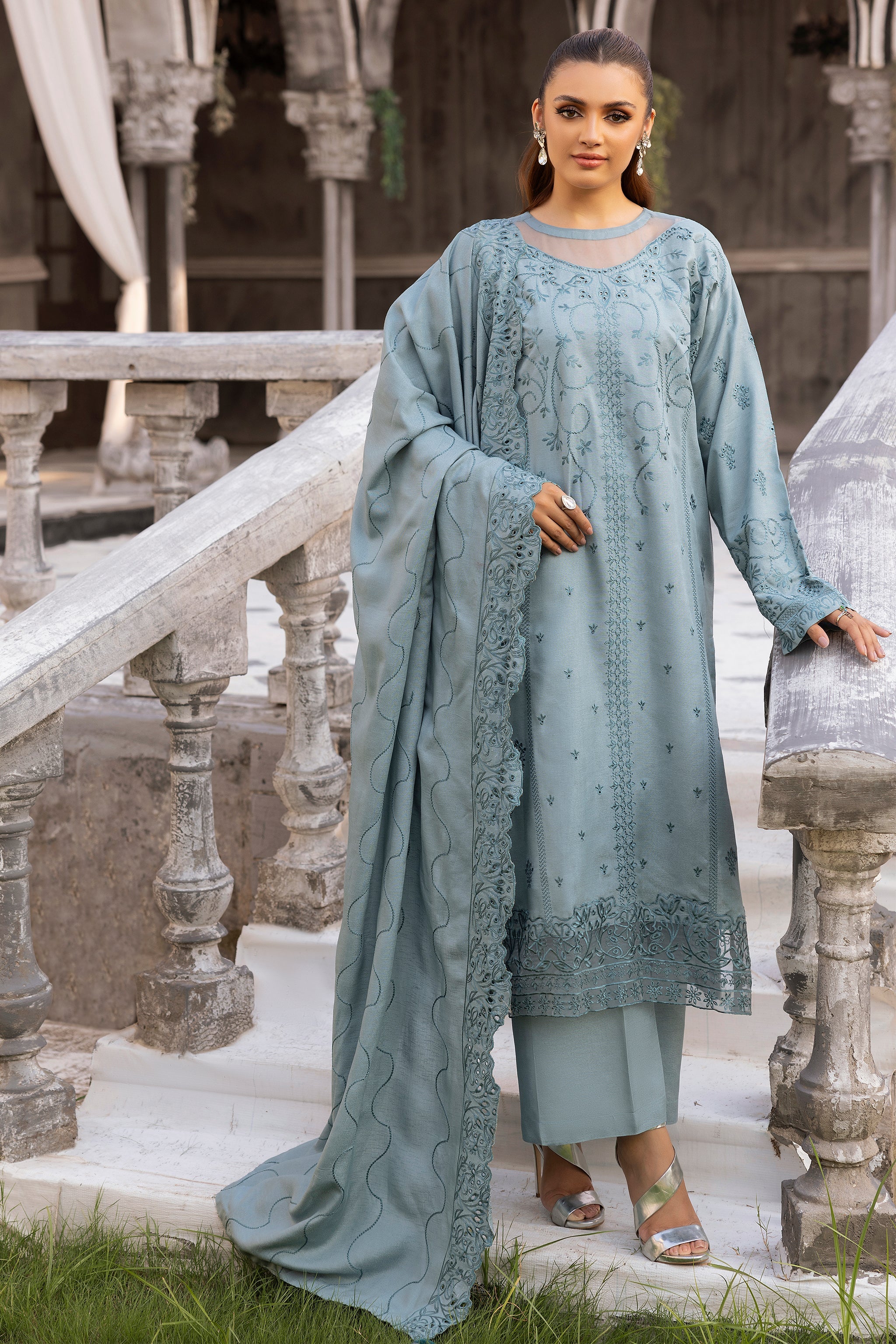 3 Piece Light Gray Embroidered Karandi Unstitched