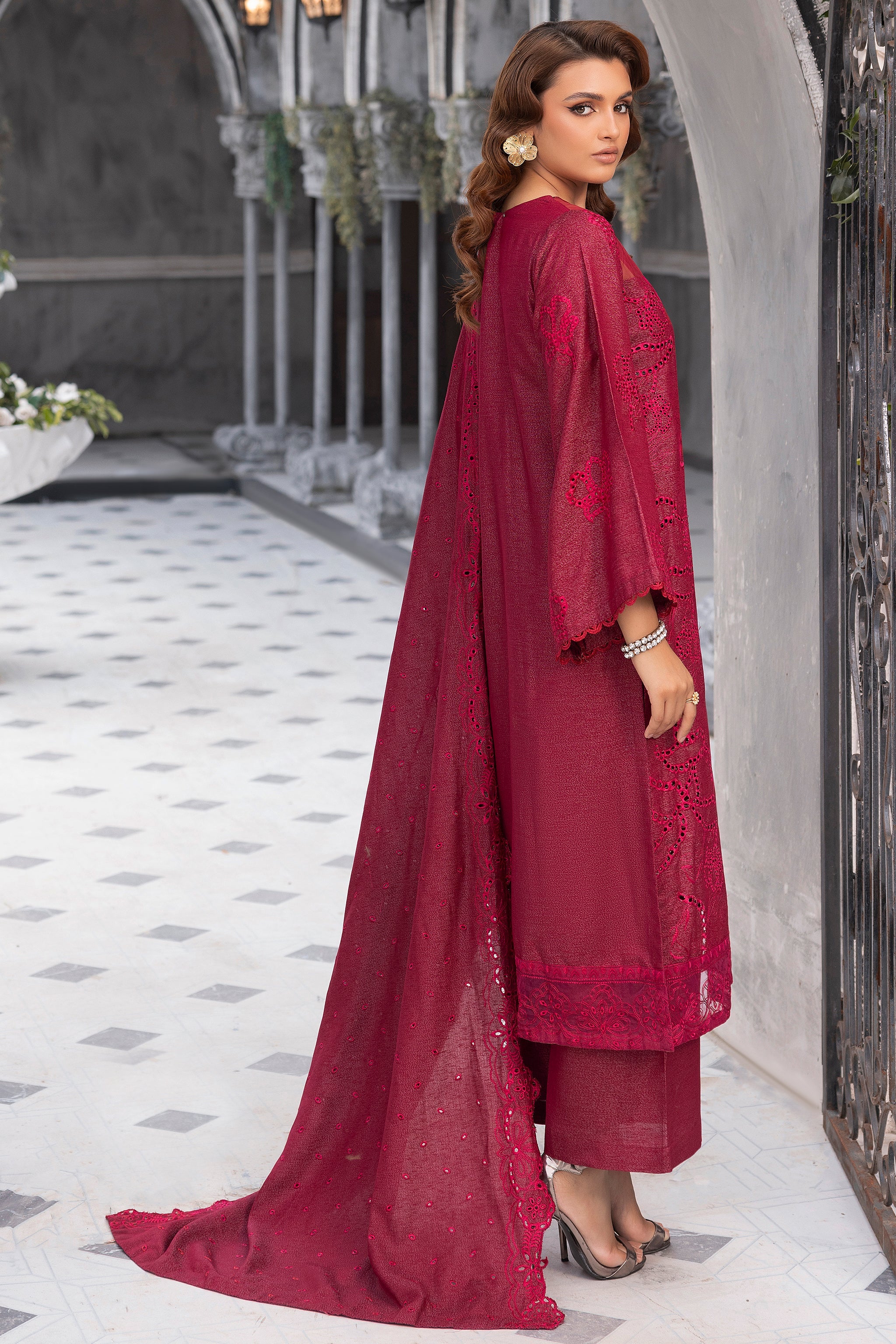 3 Piece Maroon Embroidered Karandi Unstitched