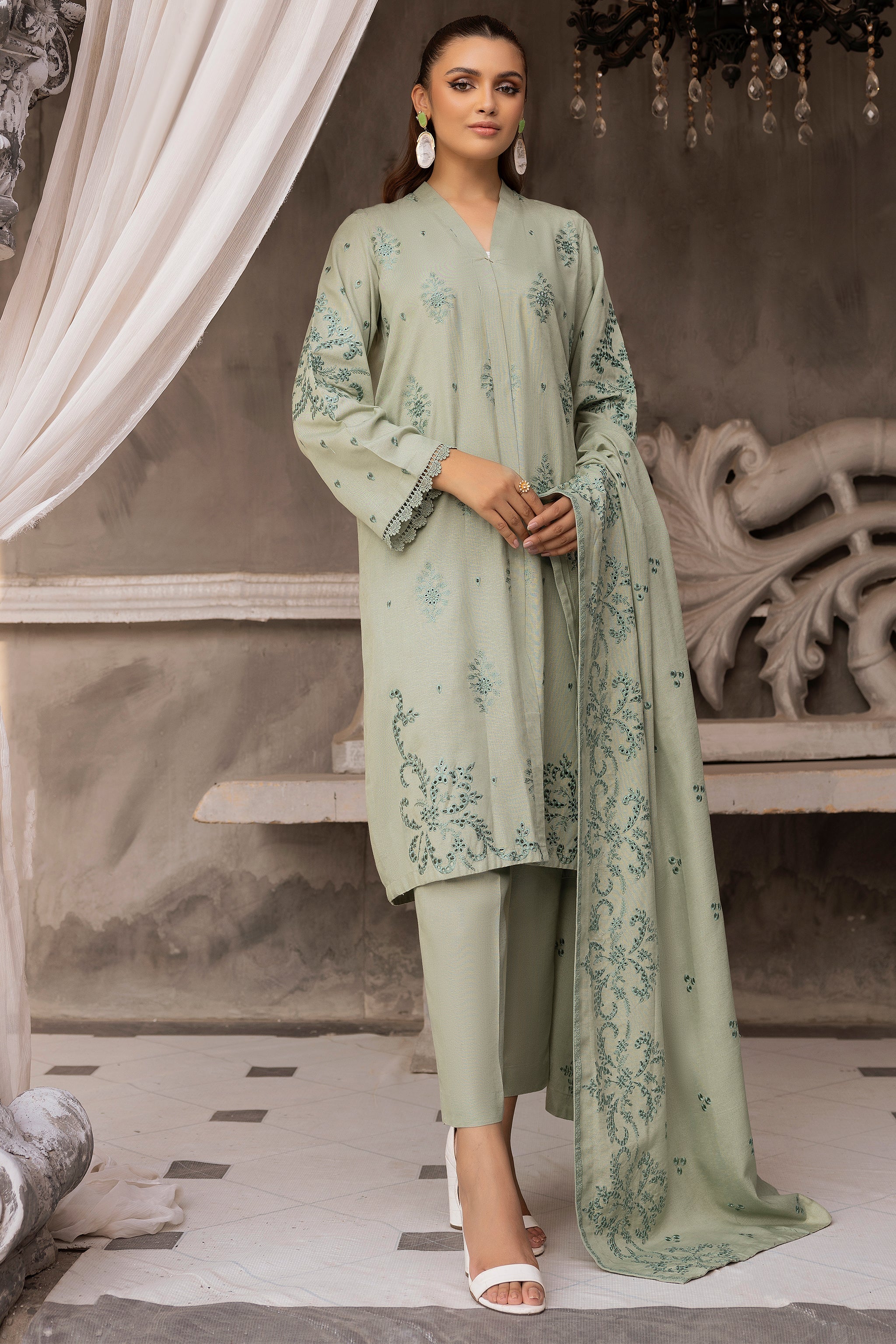 3 Piece Moss Green Embroidered Karandi Unstitched