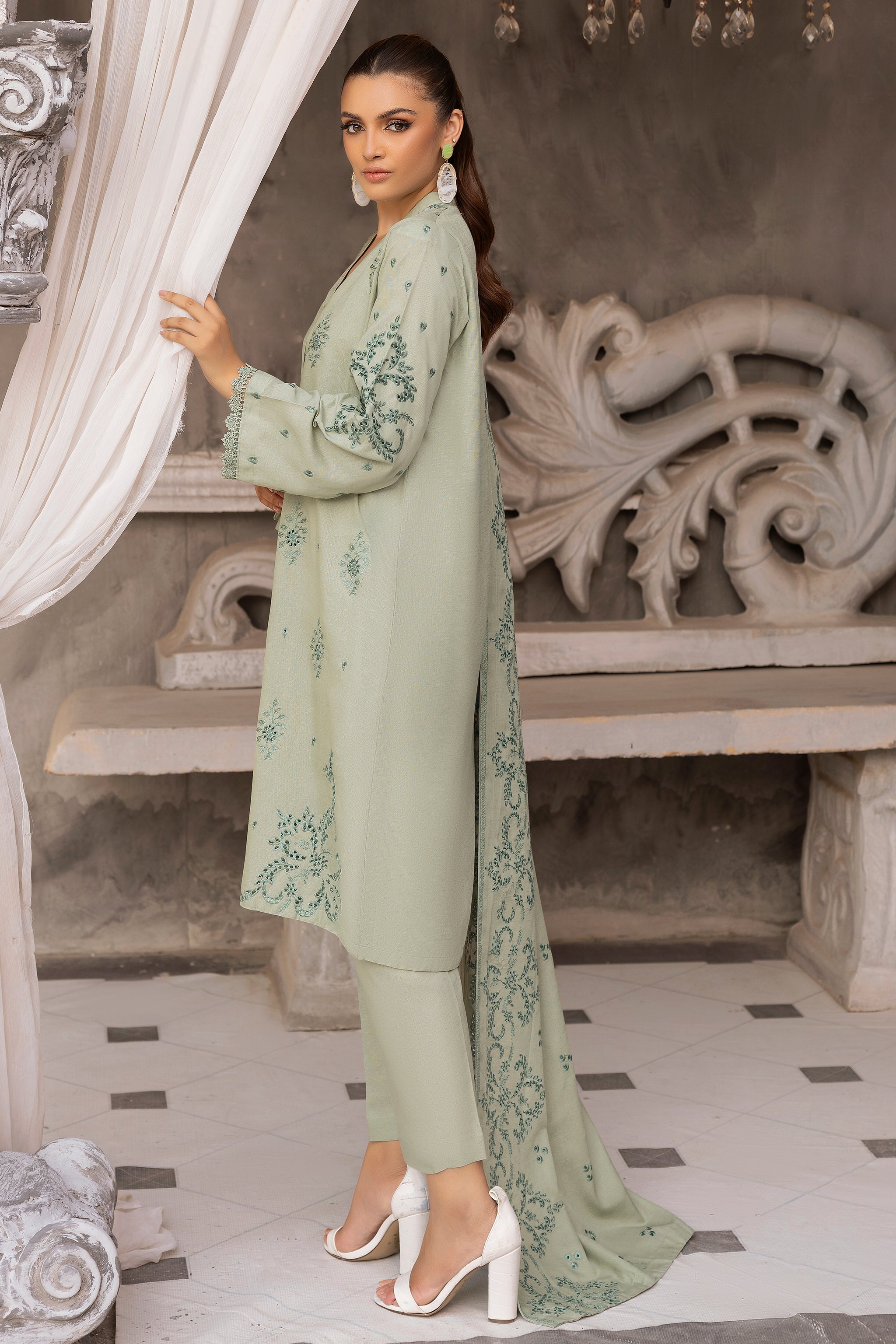 3 Piece Moss Green Embroidered Karandi Unstitched