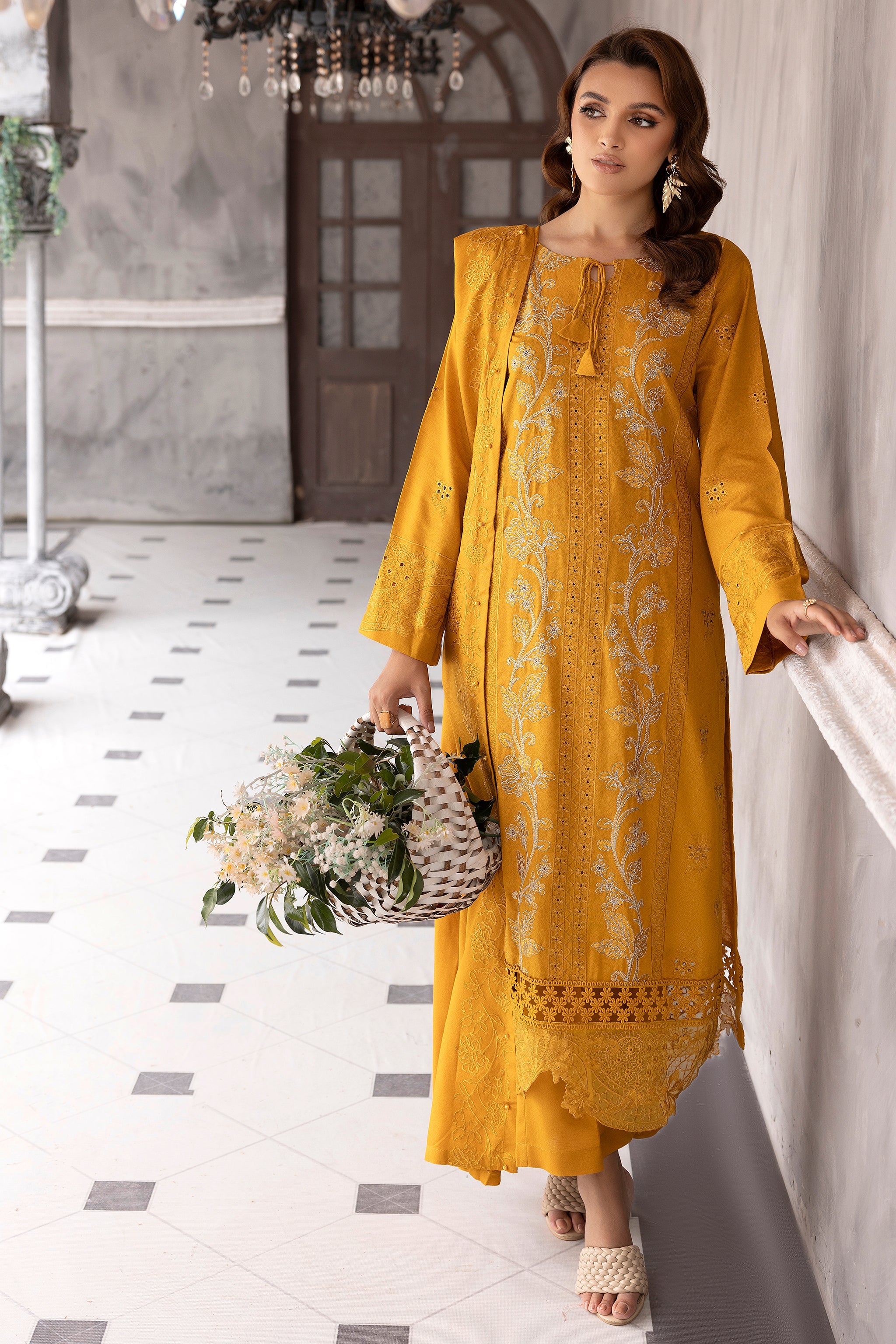 3 Piece Mustard Embroidered Karandi Unstitched