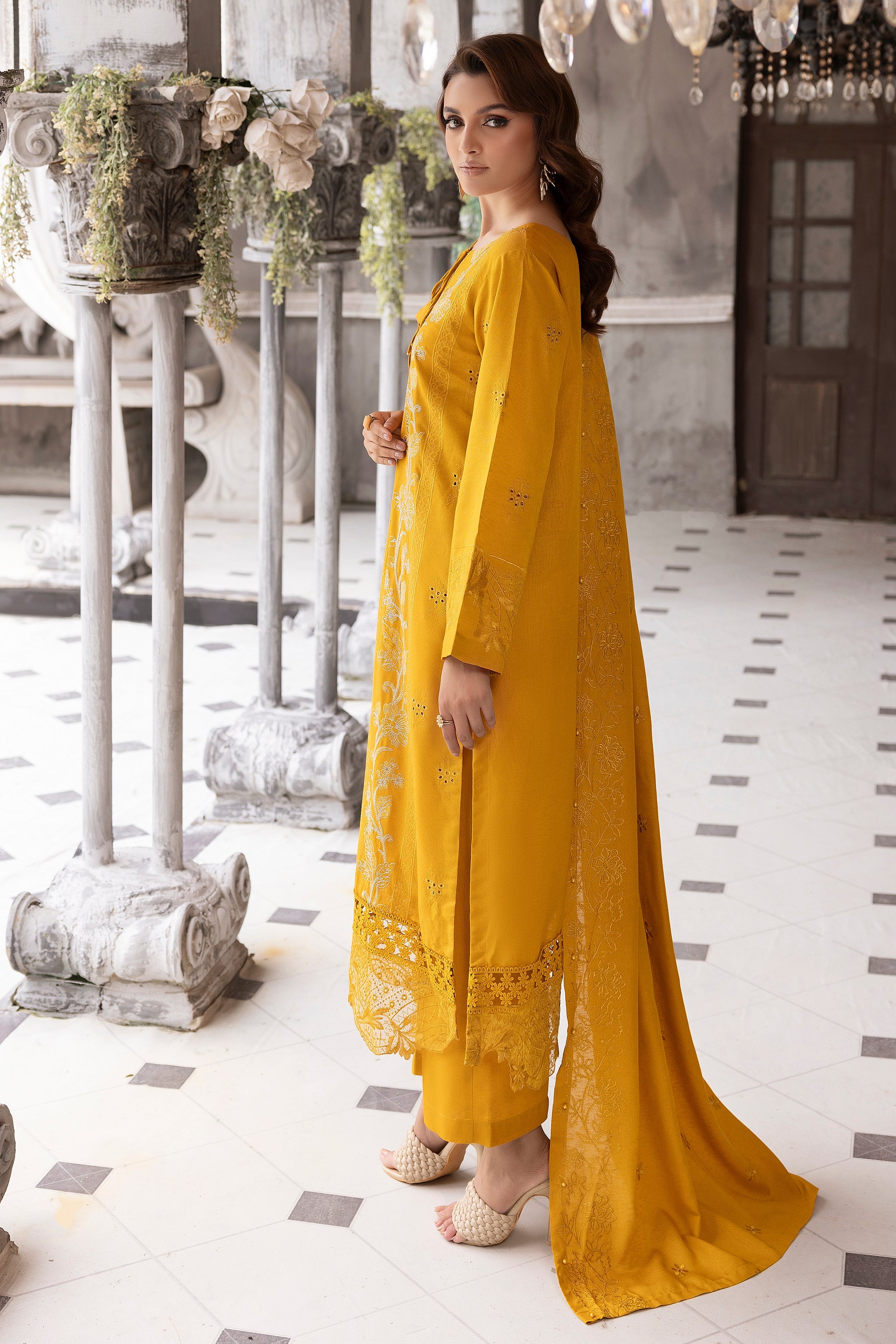 3 Piece Mustard Embroidered Karandi Unstitched