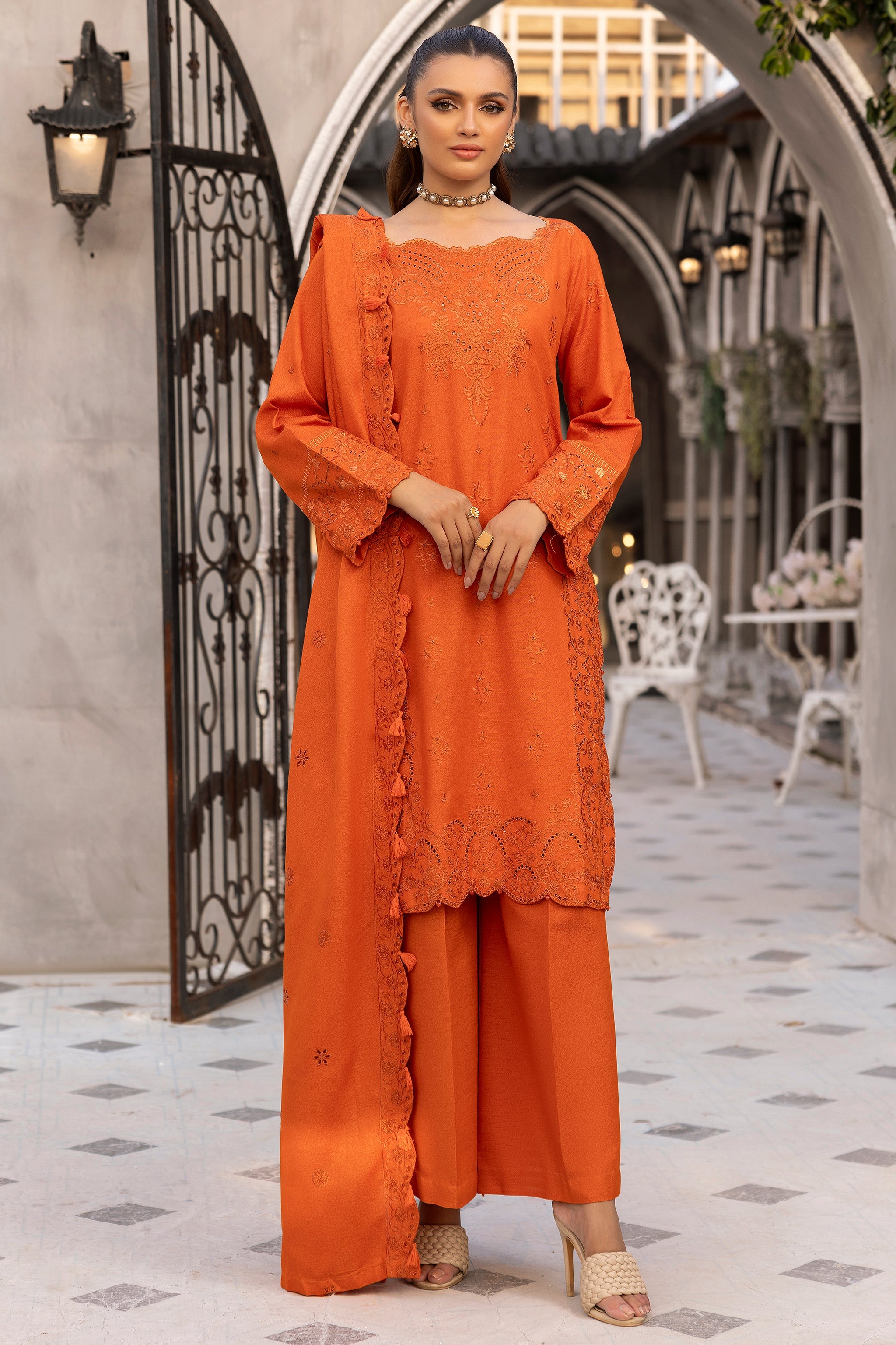 3 Piece Orange Embroidered Karandi Unstitched