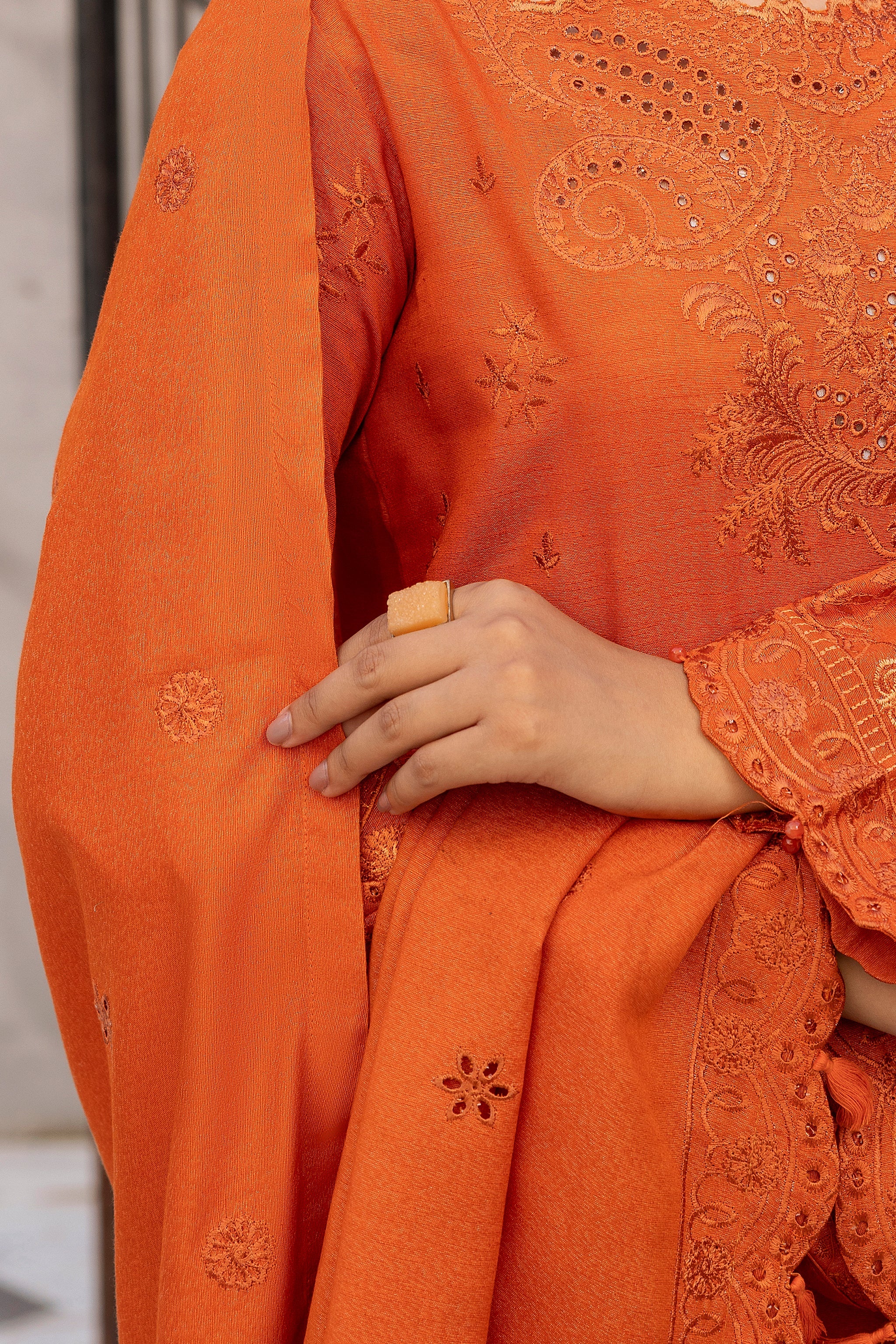 3 Piece Orange Embroidered Karandi Unstitched