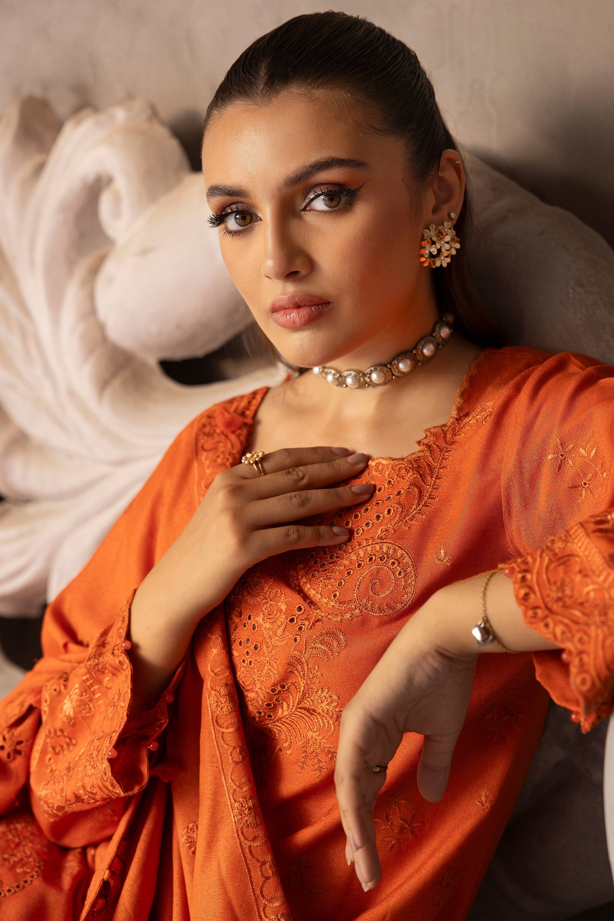 3 Piece Orange Embroidered Karandi Unstitched