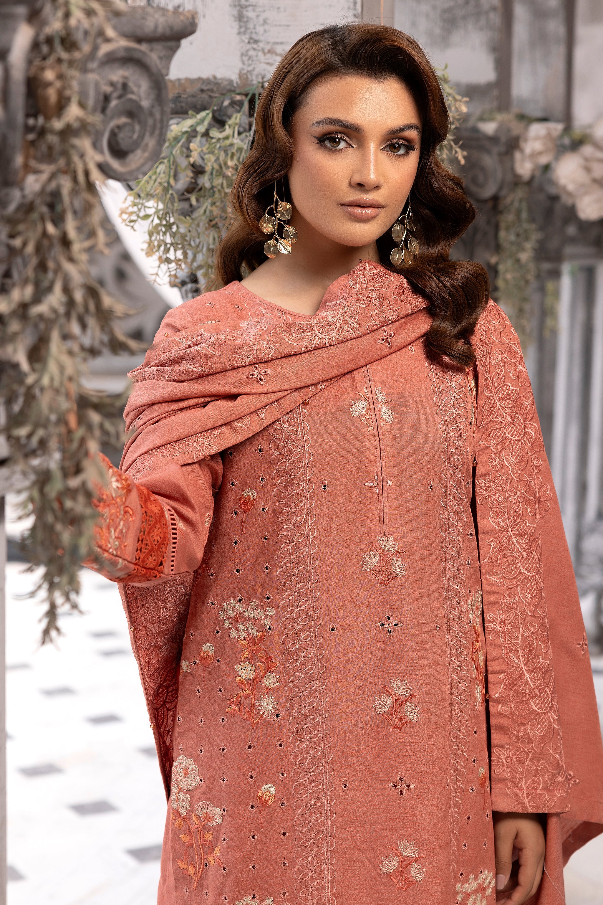 3 Piece Peach Embroidered Karandi Unstitched