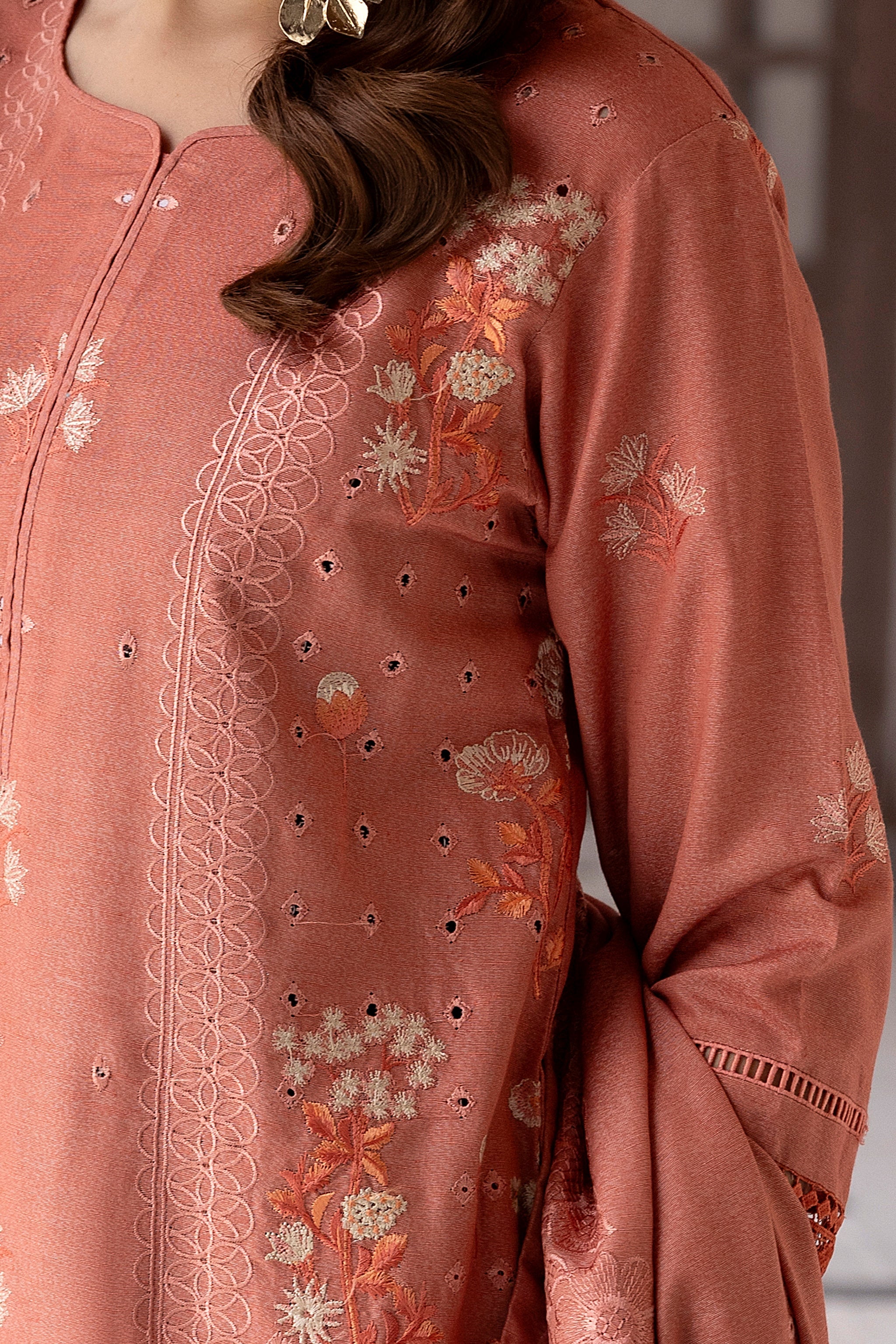 3 Piece Peach Embroidered Karandi Unstitched