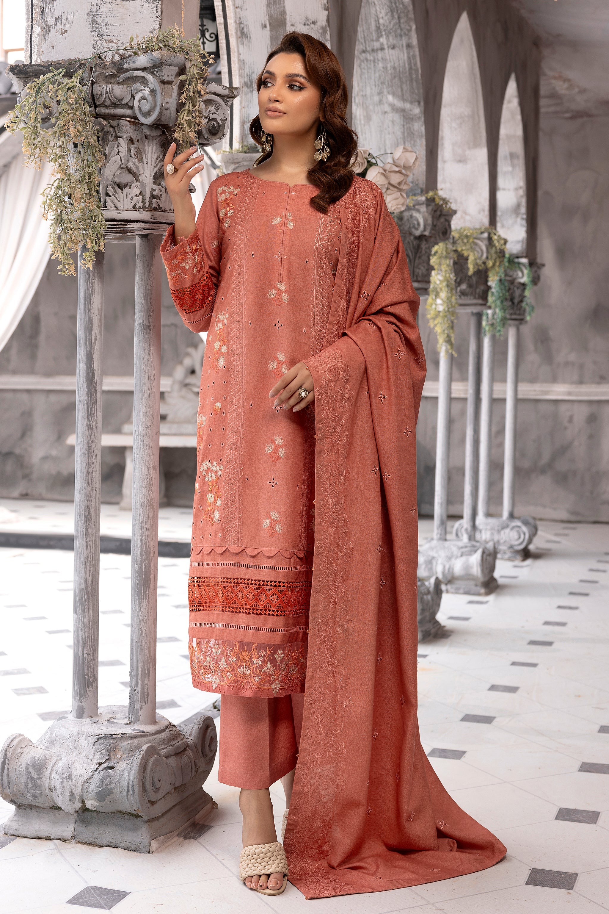 3 Piece Peach Embroidered Karandi Unstitched