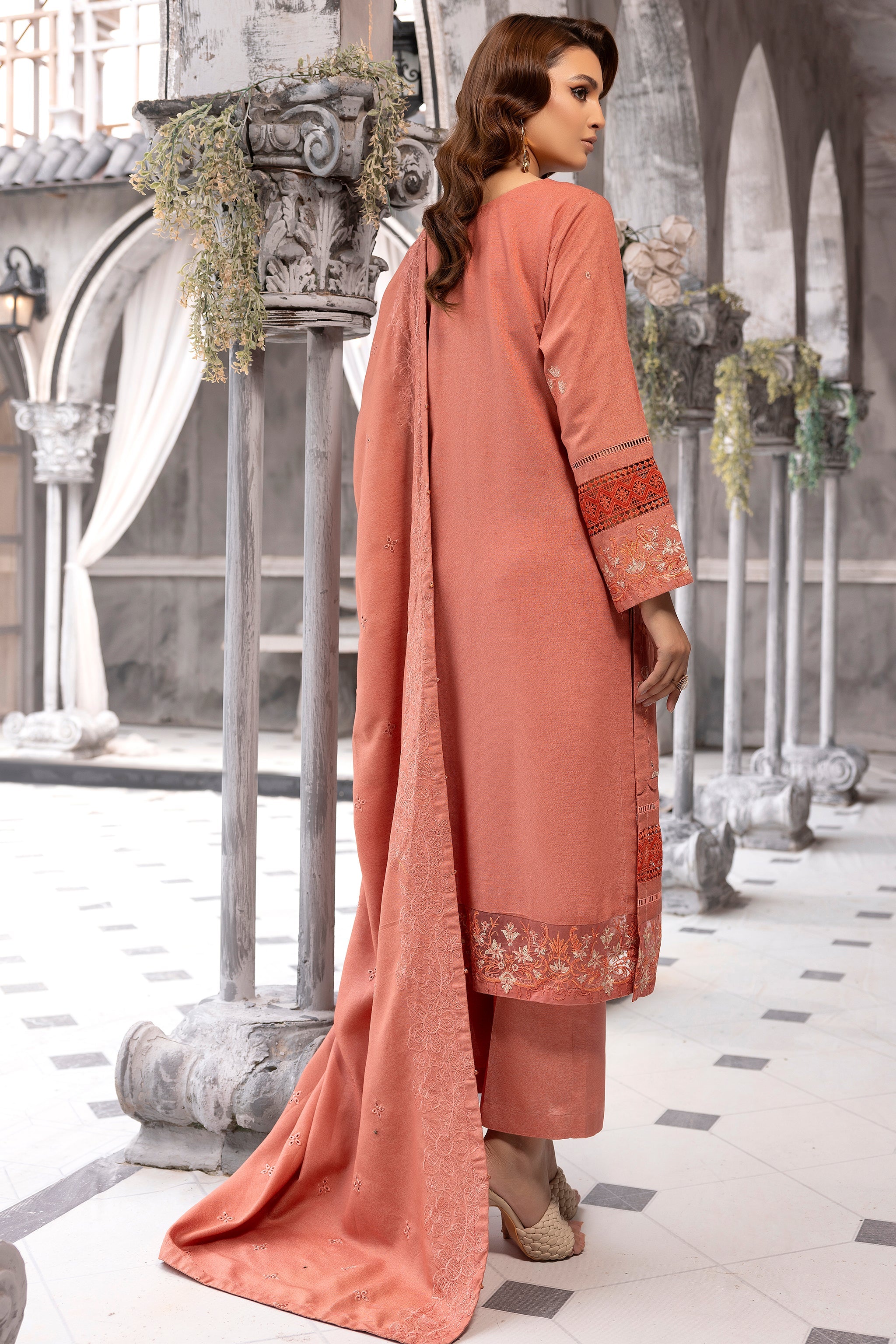 3 Piece Peach Embroidered Karandi Unstitched