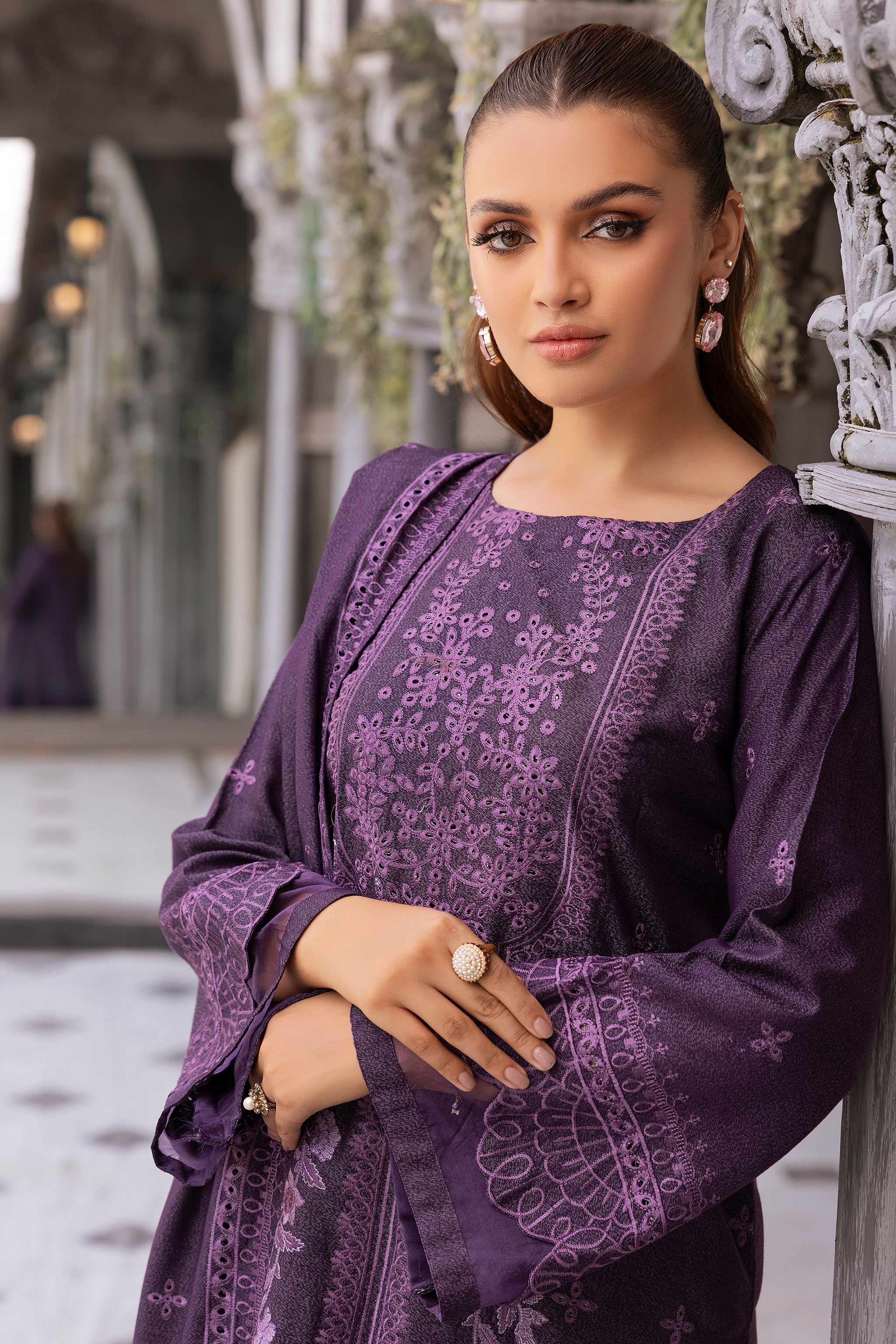 3 Piece Purple Embroidered Karandi Unstitched