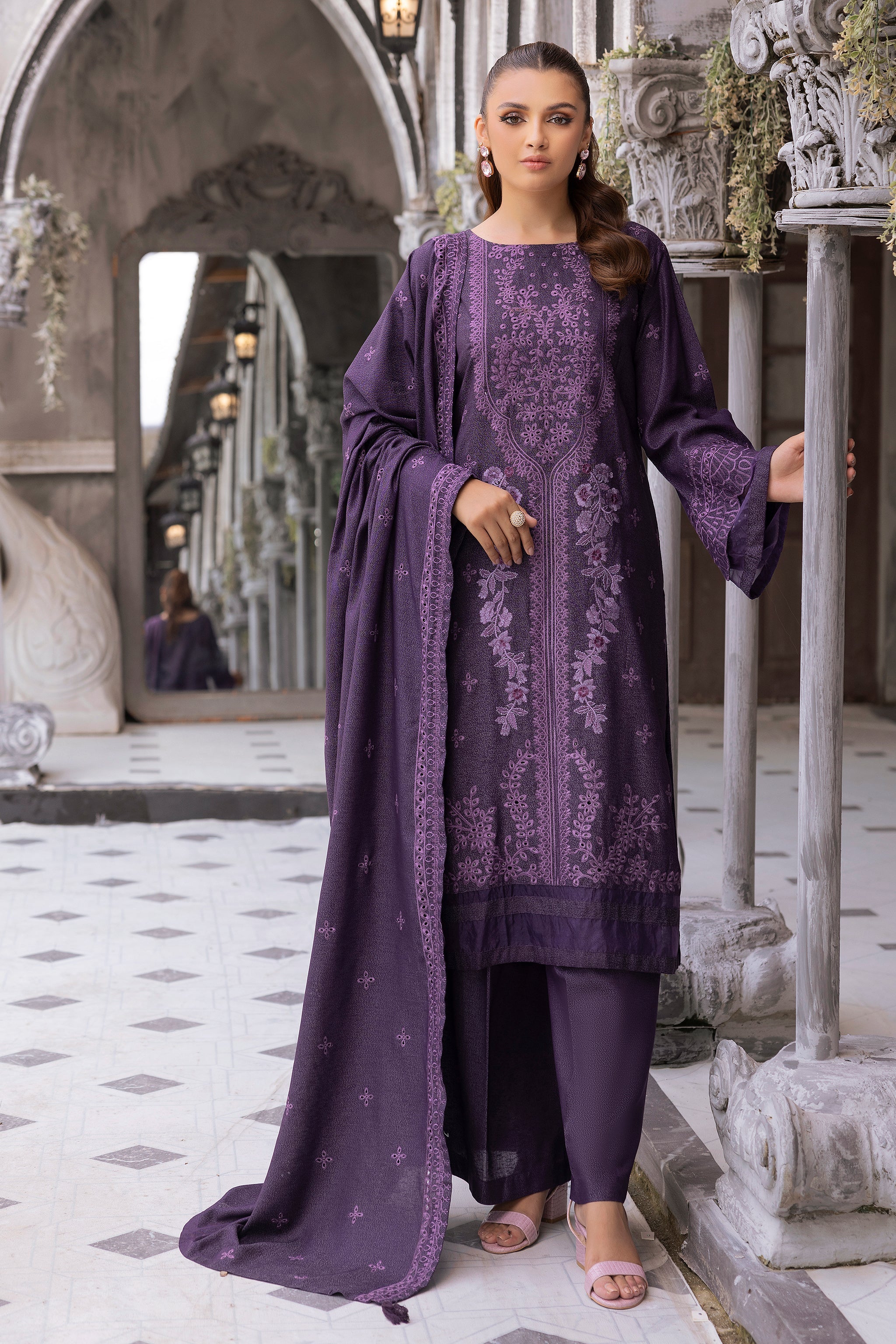 3 Piece Purple Embroidered Karandi Unstitched